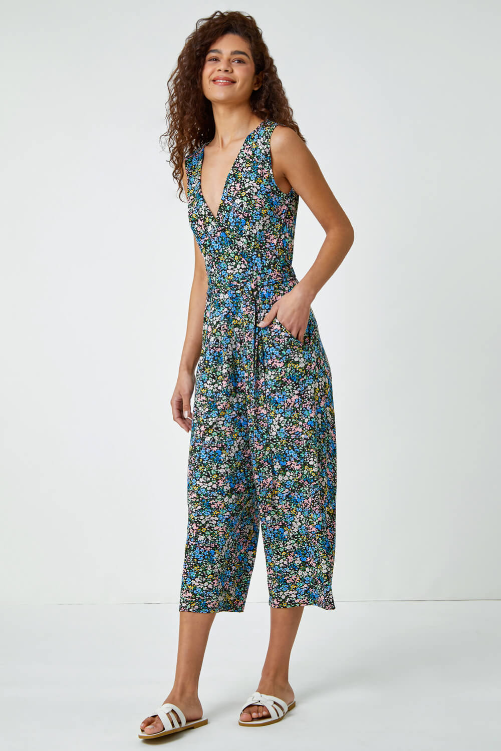 Blue Sleeveless Floral Print Stretch Jumpsuit , Image 4 of 5
