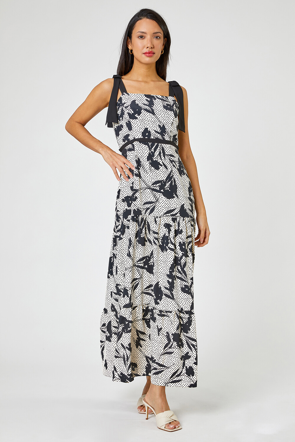 Tiered Contrast Spot Floral Print Maxi Dress in Cream - Roman Originals UK