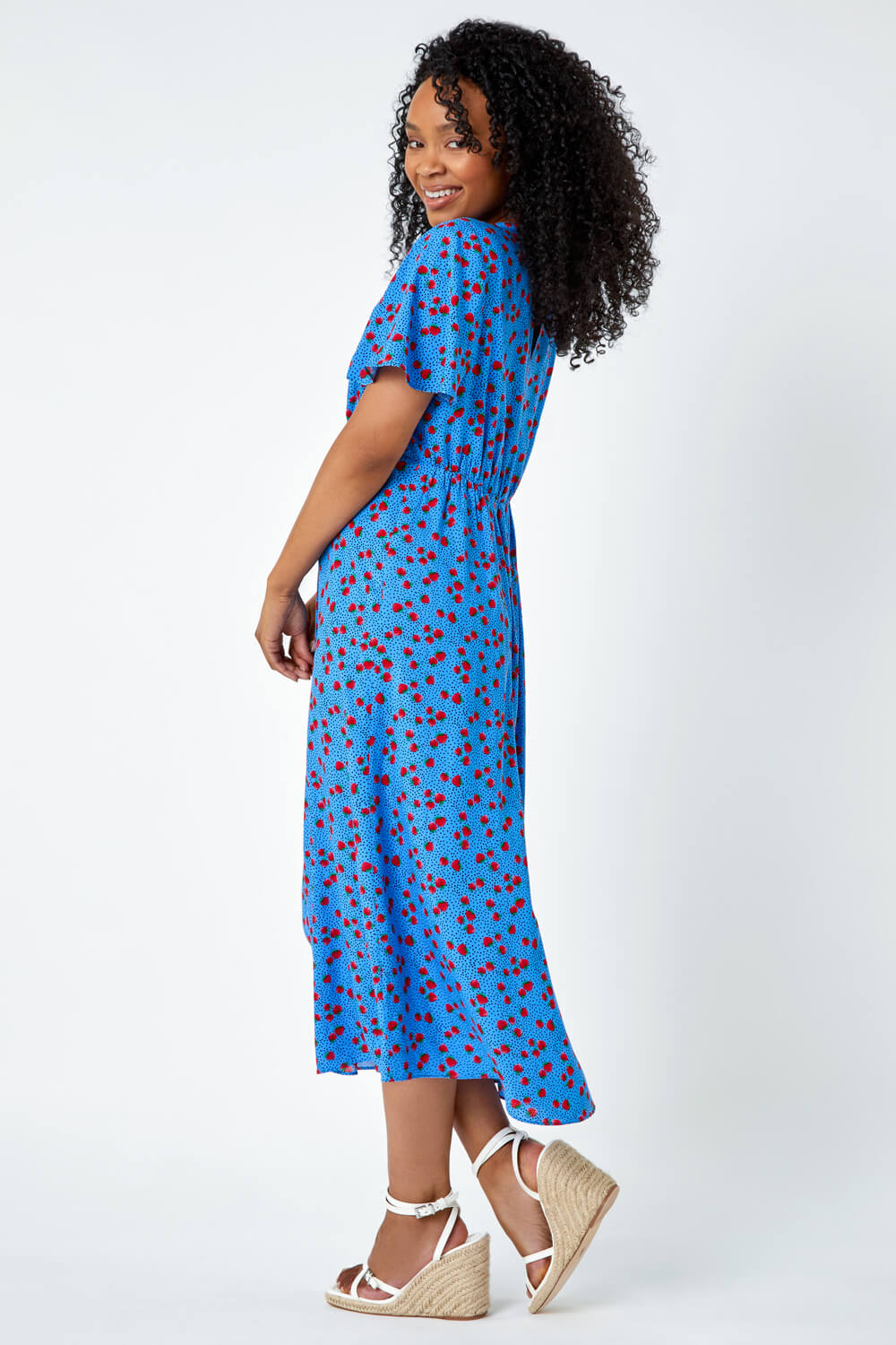 Blue Petite Strawberry Print Midi Tea Dress, Image 3 of 5