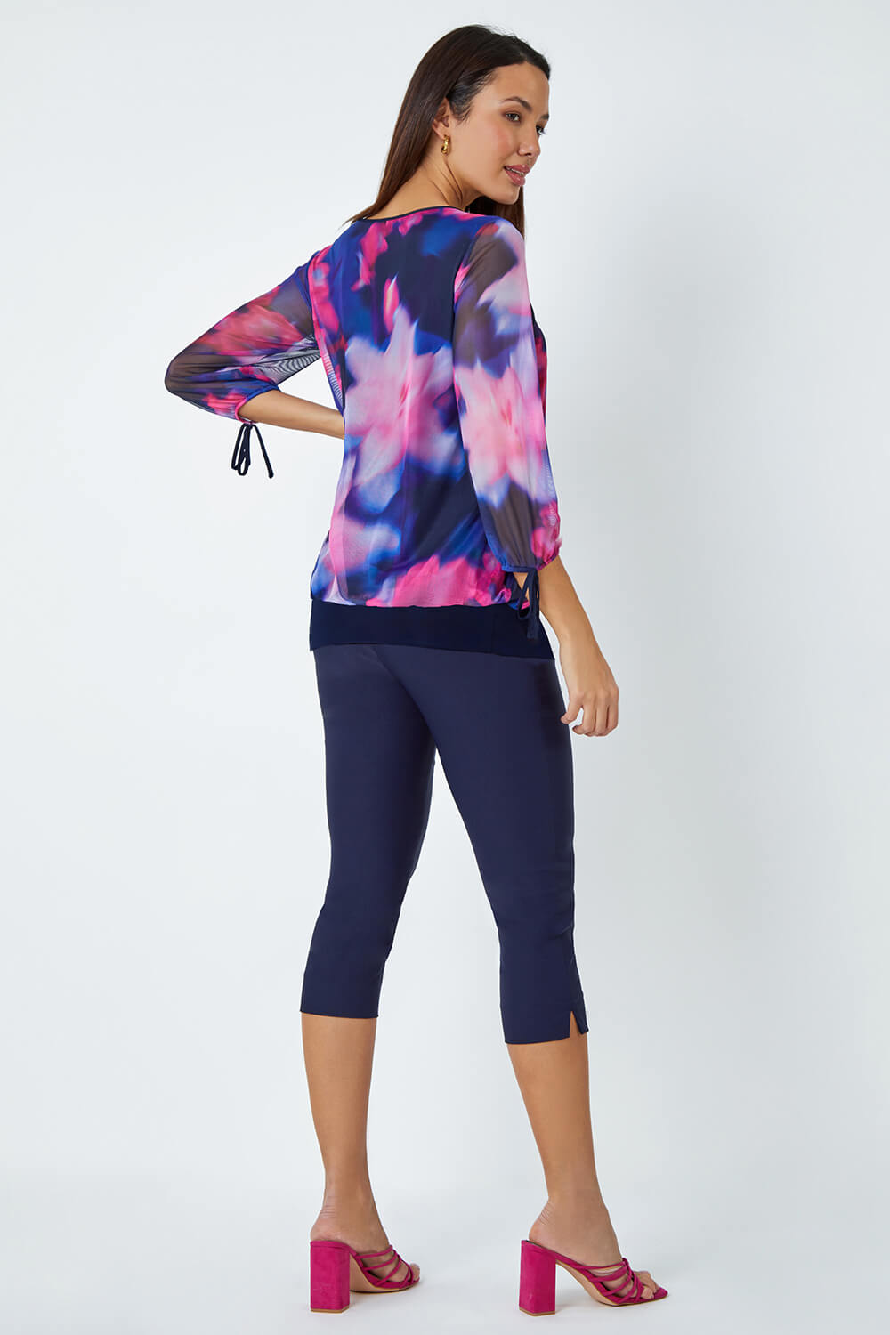 Navy  Floral Print Bubble Hem Stretch Top, Image 3 of 5