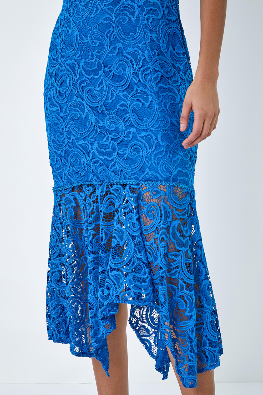 Blue Sleeveless Stretch Lace Midi Dress, Image 5 of 5