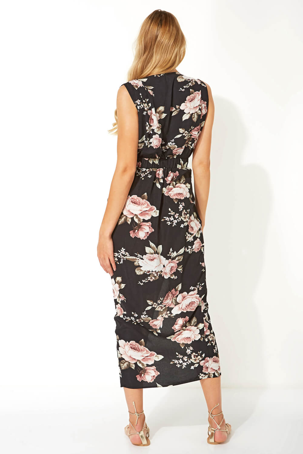 Black Floral Zip Front Midi Dress, Image 2 of 4