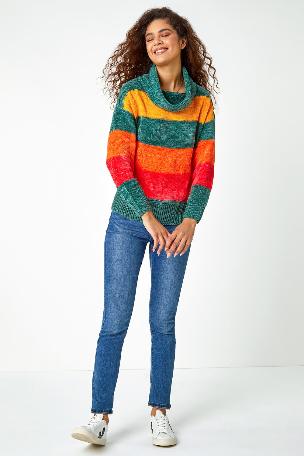 Green Chenille Striped Cowl Neck Jumper, Image 2 of 5