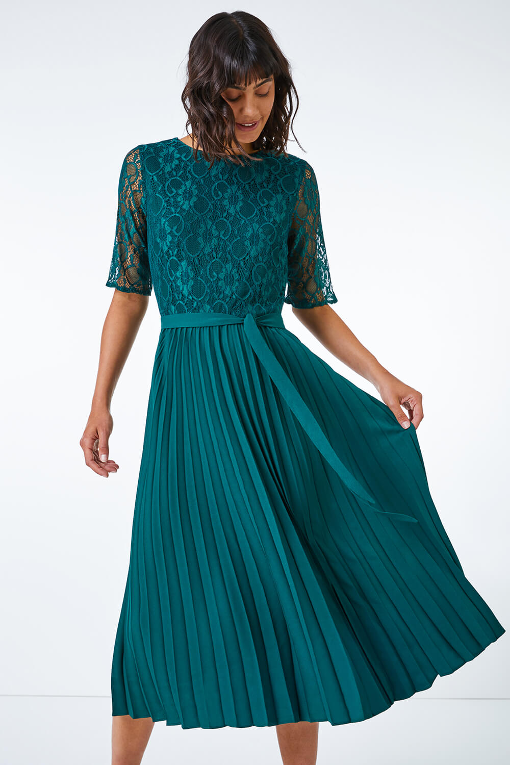 Lace Pleated Midi Dress