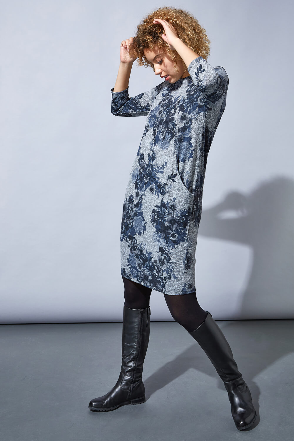 Grey Floral Print Cocoon Dress, Image 4 of 4