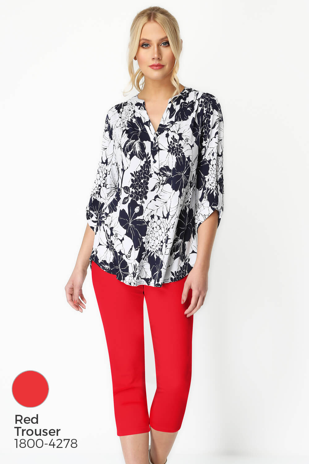 Navy  Floral Print 3/4 Sleeve Button Through Top, Image 6 of 8