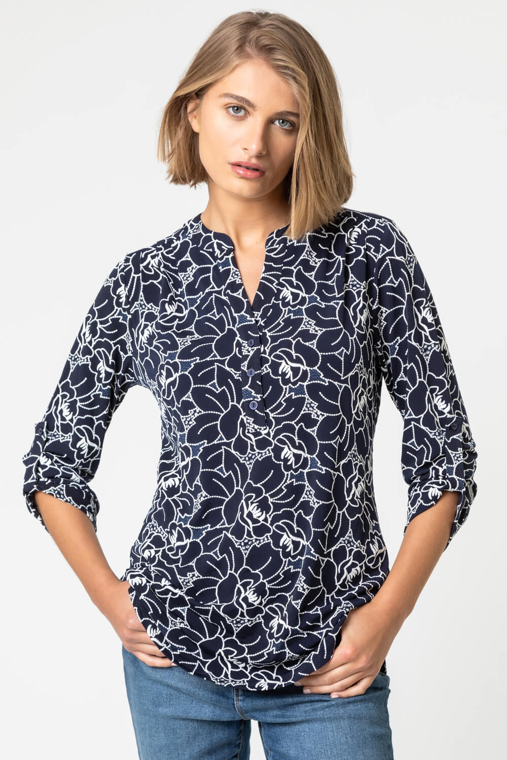 Linear Floral Puff Print Notch Neck Top
