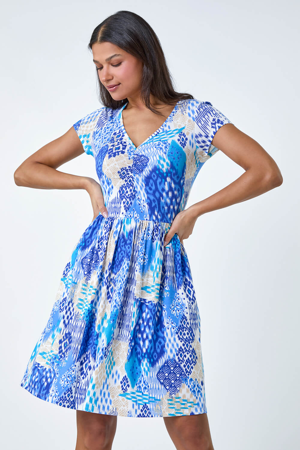 Blue Patchwork Ruched Stretch Pocket Dress, Image 2 of 5