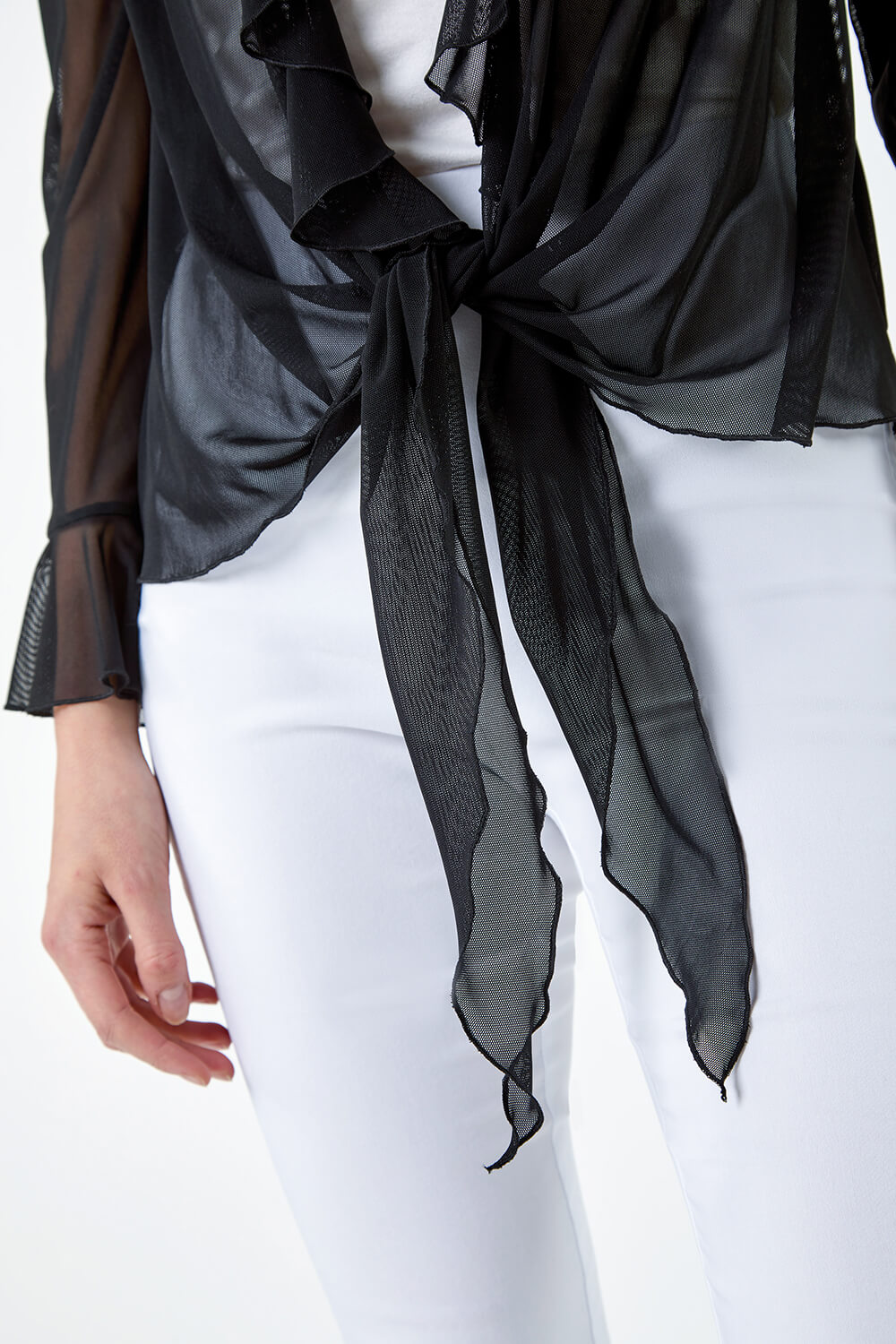 Black Tie Frill Detail Stretch Mesh Top, Image 5 of 5