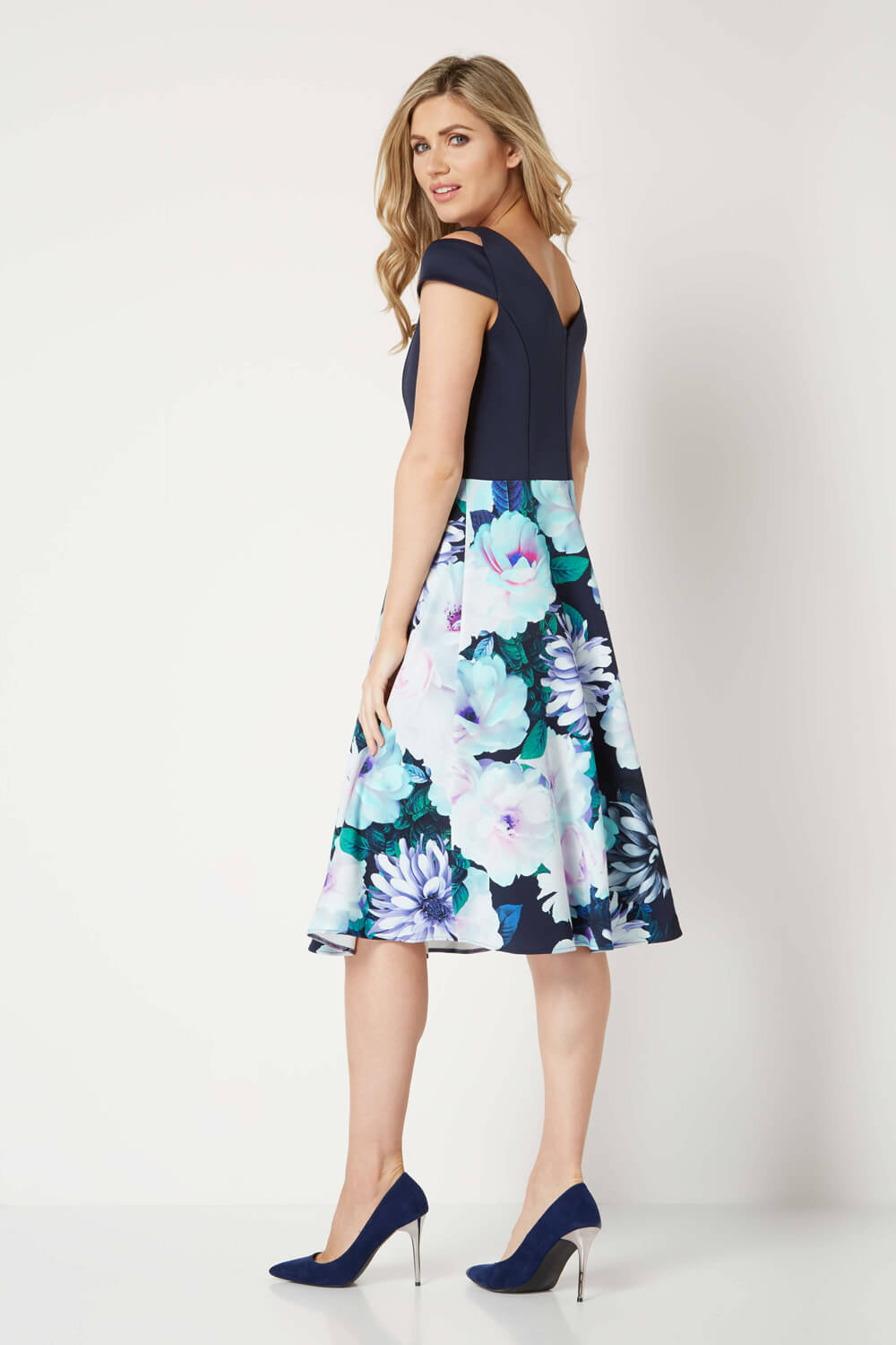 Navy  Floral Print Fit and Flare Scuba Dress, Image 3 of 3