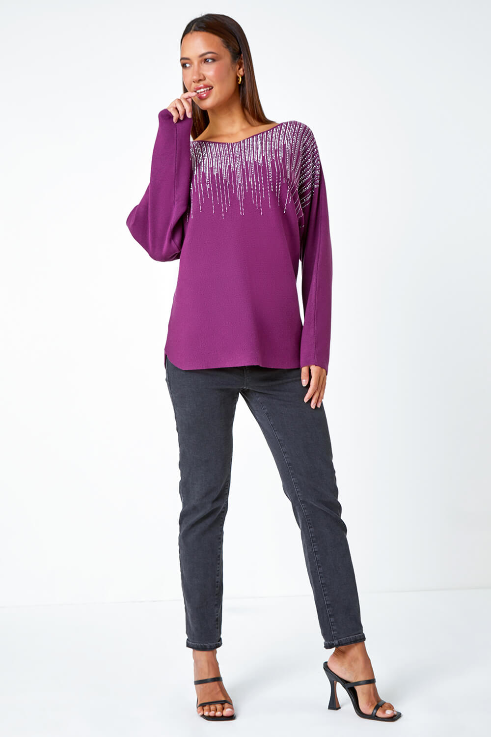 Purple Sparkle Embellished Knit Jumper | Roman UK