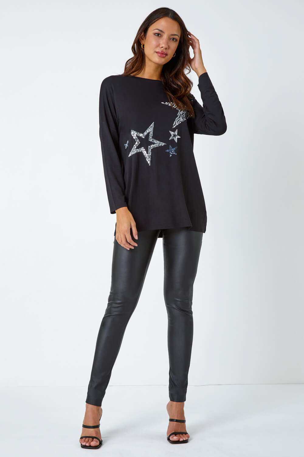 Silver Sequin Star Print Tunic Stretch Top , Image 3 of 5