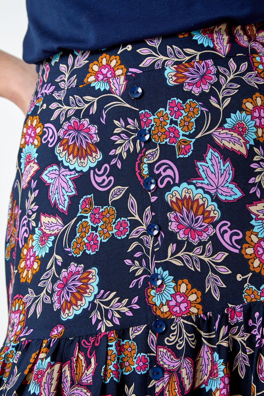 Purple Paisley Floral Button Tiered Midi Skirt, Image 5 of 5