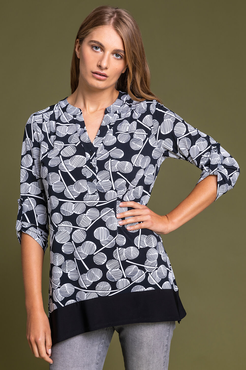 Textured Leaf Print Notch Neck Top in Black - Roman Originals UK