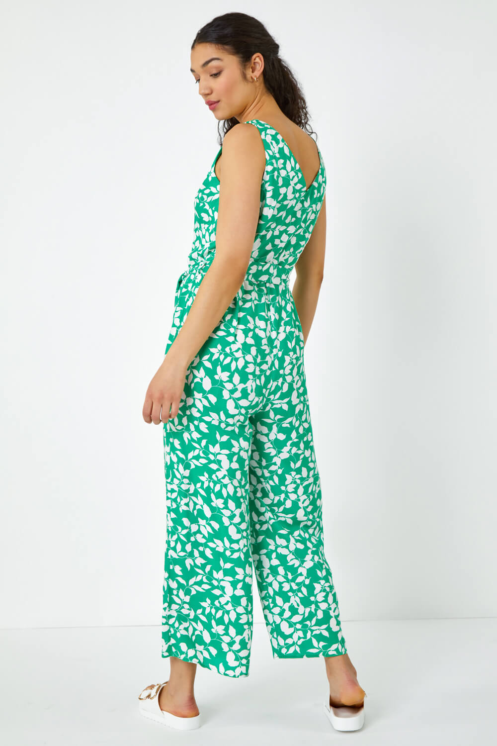 Green Sleeveless Leaf Print Button Jumpsuit, Image 3 of 5