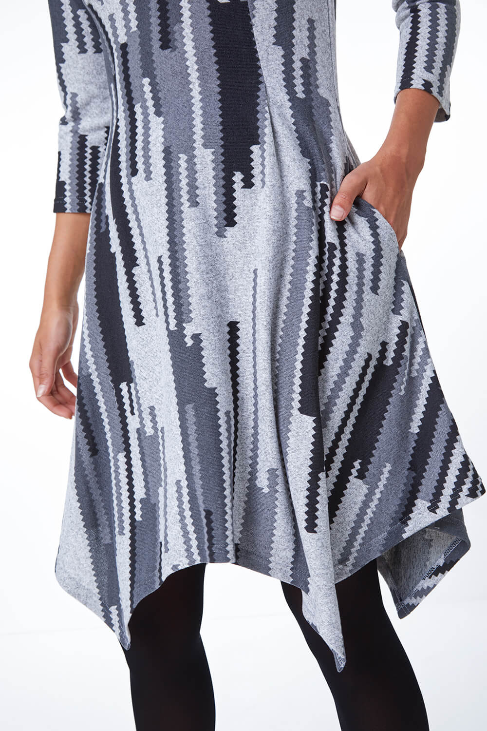 Grey Abstract Stripe Hanky Hem Swing Dress, Image 5 of 5