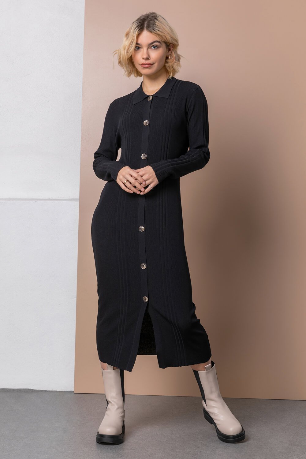 Black Polo Collar Knitted Midi Dress | Roman UK