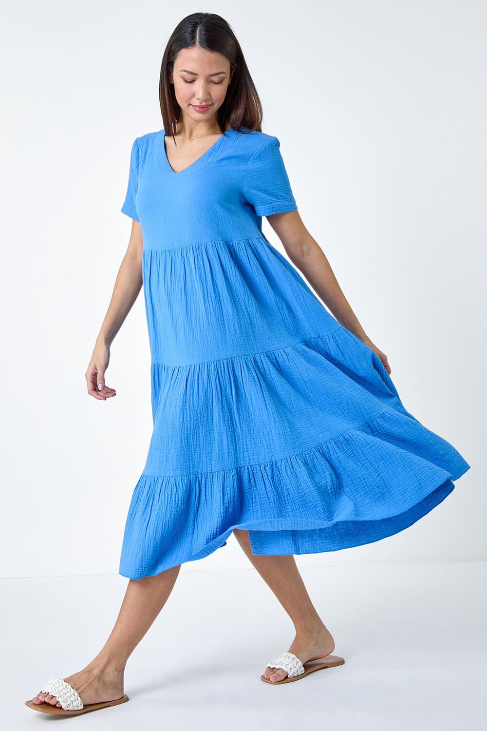 Blue Cotton Textured Tiered Midi Dress, Image 6 of 6