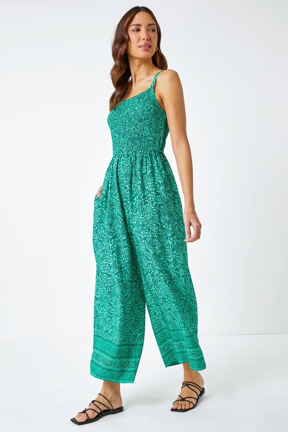 Green Sleeveless Paisley Cropped Jumpsuit, Image 4 of 5