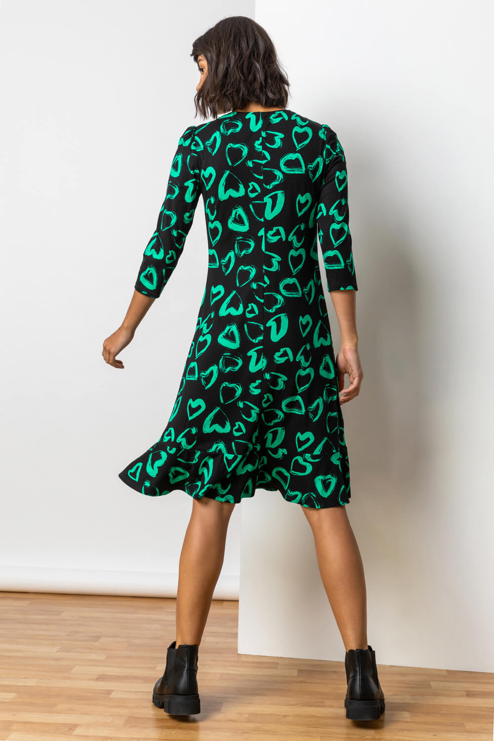 Green Frill Detail Heart Print Dress, Image 2 of 5