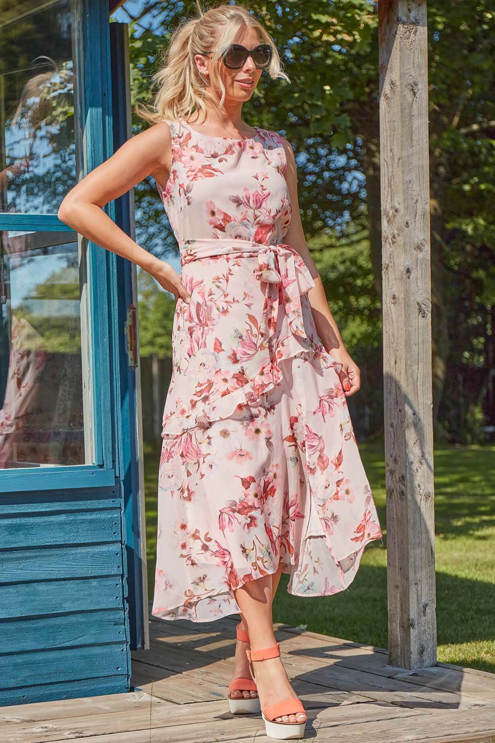 Floral Print Frill Midi Dress in Pink - Roman Originals UK