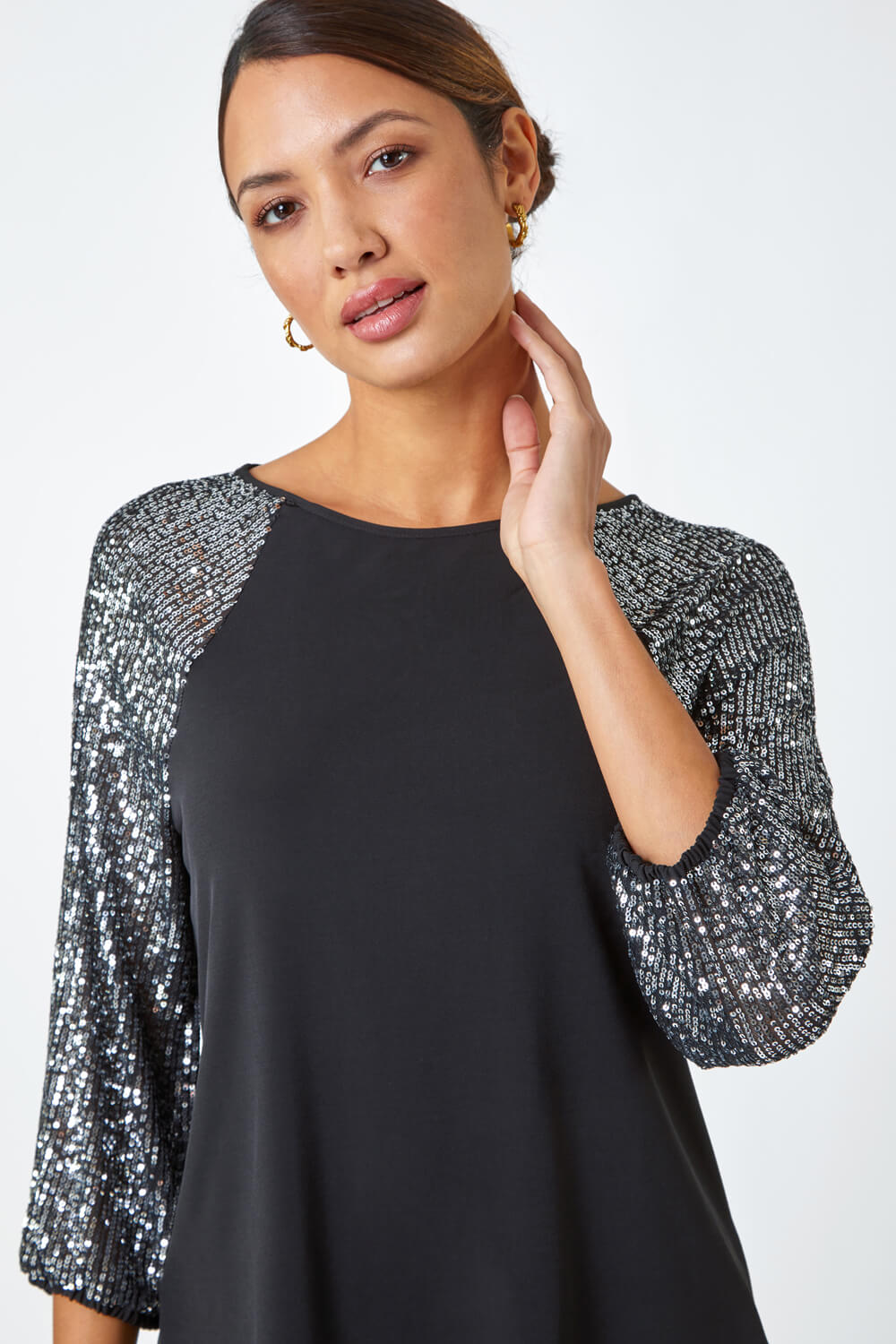 Silver Sequin Sleeve Stretch Jersey Top, Image 4 of 5