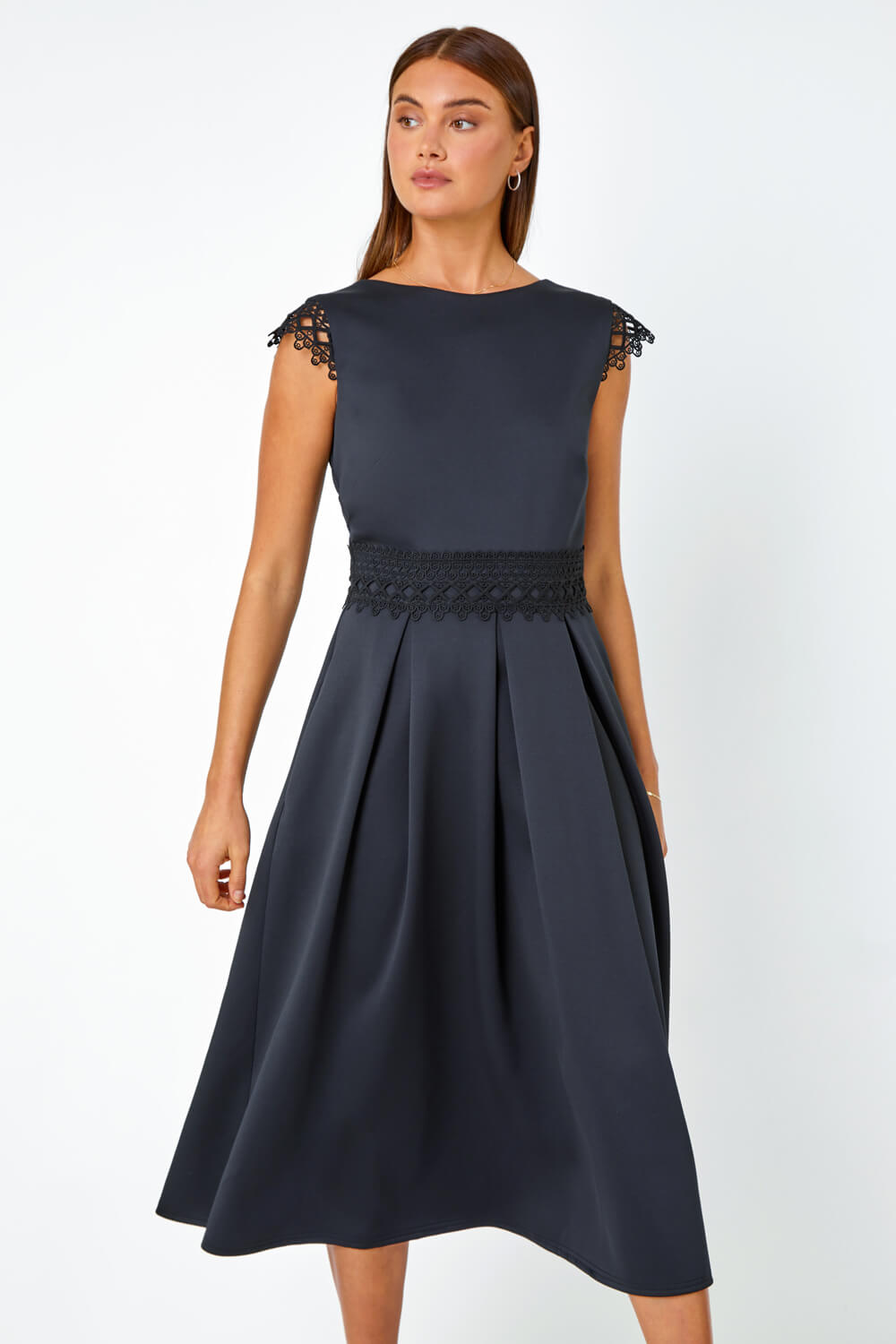 Black Premium Stretch Lace Detail Midi Dress, Image 1 of 5