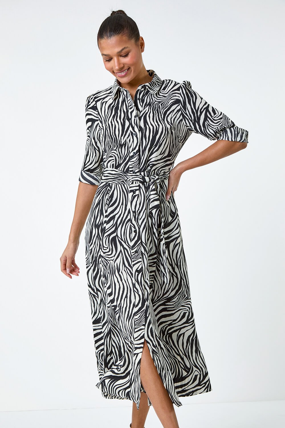 Black Zebra Print Midi Shirt Dress , Image 4 of 5