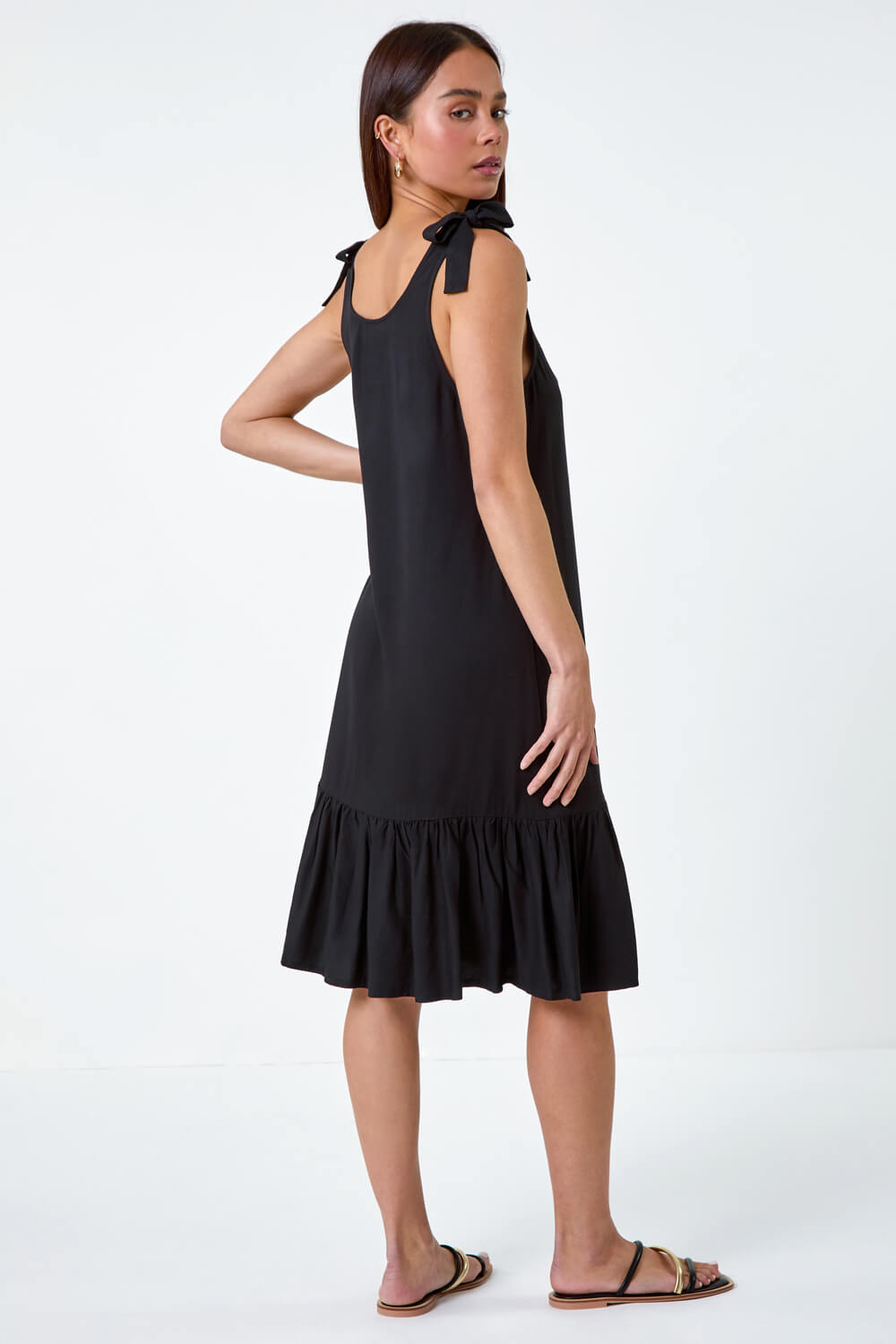 Black Petite Bow Detail Frilled Dress, Image 3 of 6