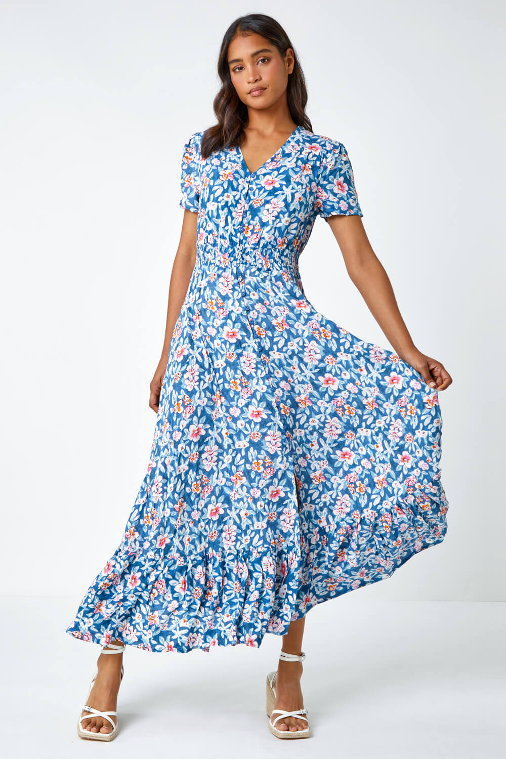 Blue Floral Frill Hem Button Maxi Dress | Roman UK