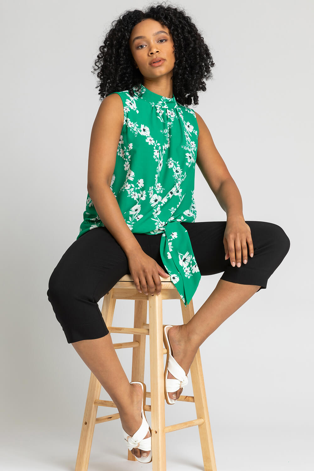 Green Petite Floral Print High Neck Tie Top, Image 5 of 5