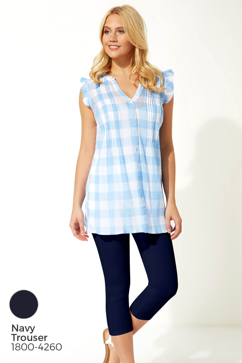 Light Blue  Check Pintuck Detail Blouse Top, Image 6 of 8