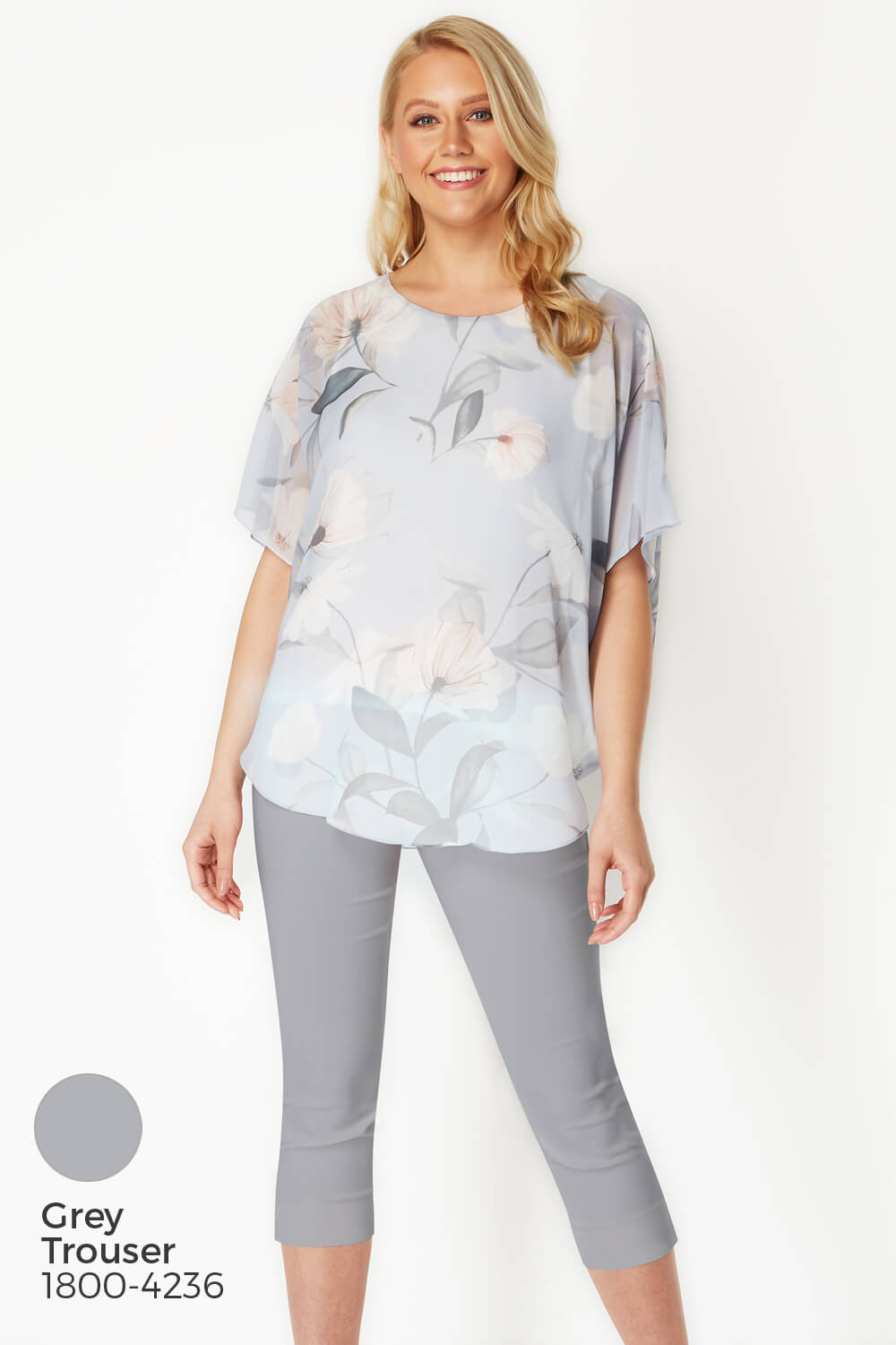 Light Grey Batwing Floral Top , Image 7 of 9