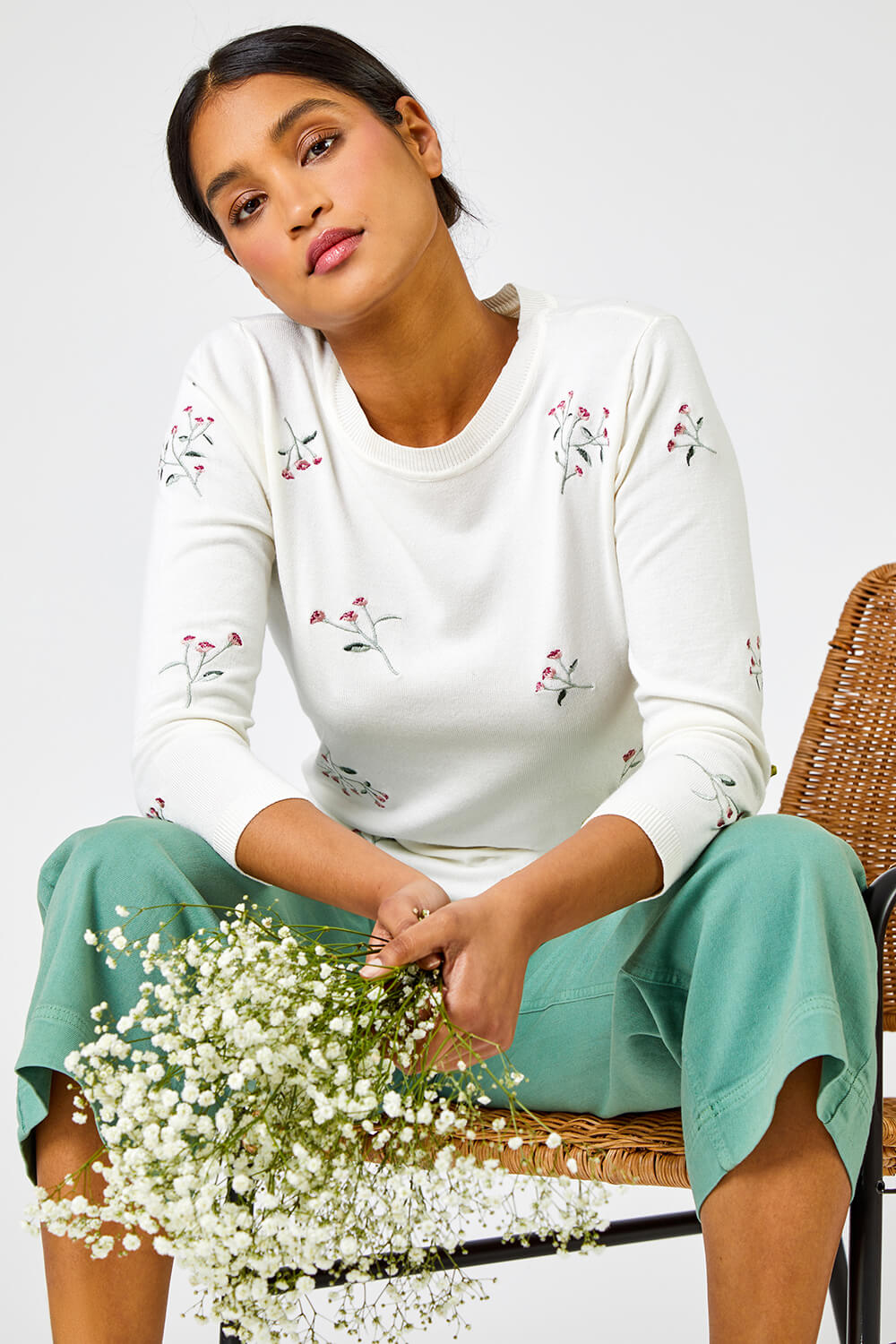 Ivory  Floral Embroidered Crew Neck Jumper, Image 4 of 5