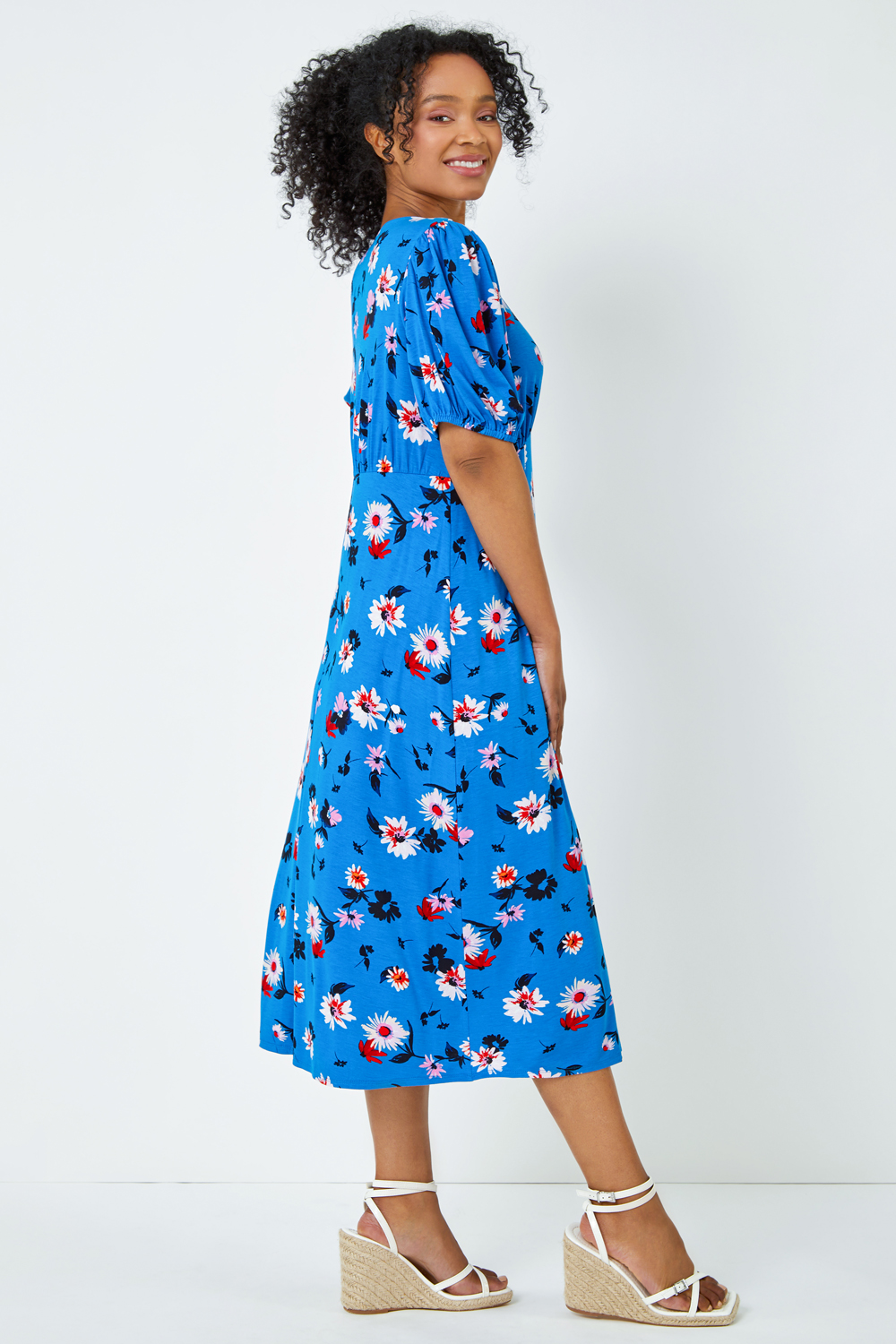 Turquoise Petite Floral Puff Sleeve Midi Dress, Image 3 of 5