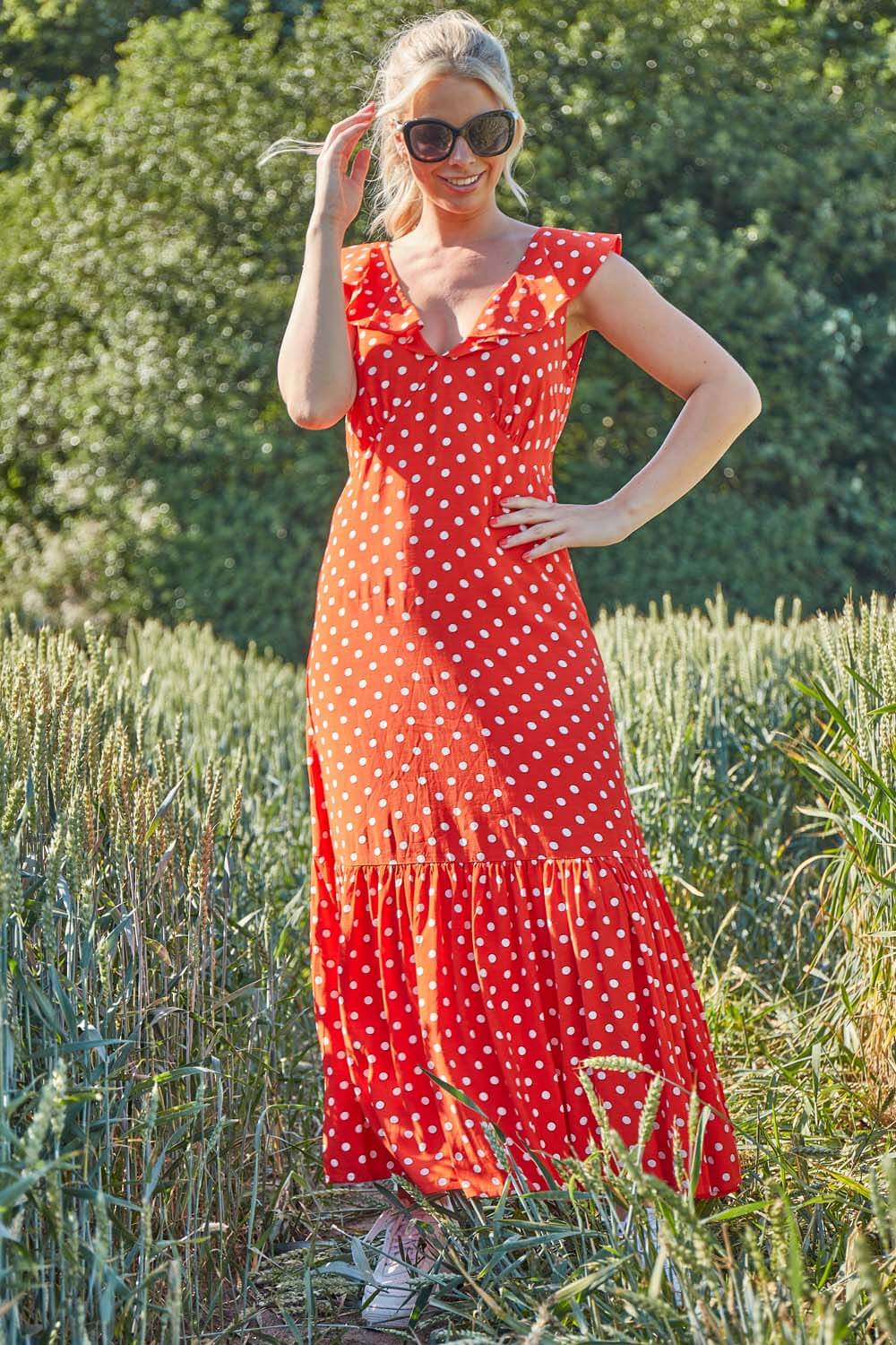 Red Polka Dot Frilly Midi Dress, Image 4 of 5