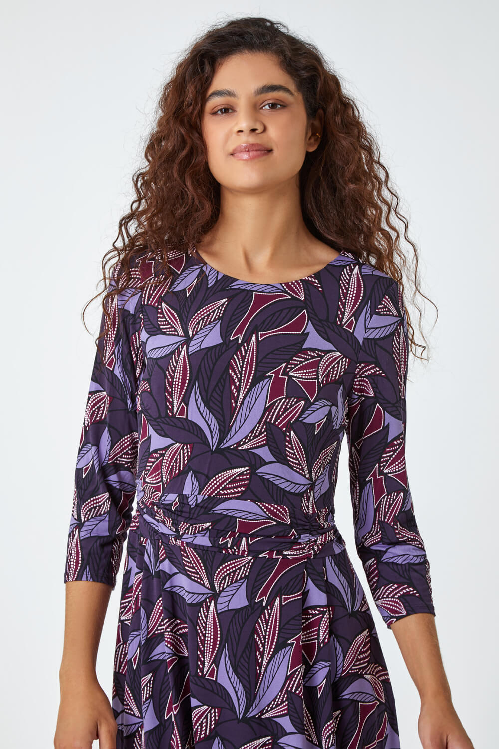 Purple Leaf Print Gathered Stretch Dress, Image 4 of 5