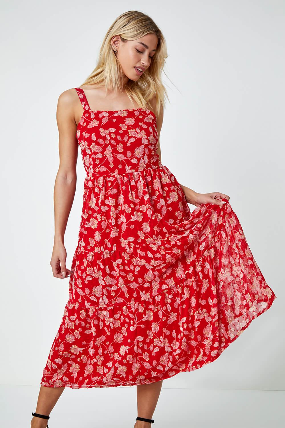 Red Floral Print Tiered Maxi Dress, Image 2 of 5