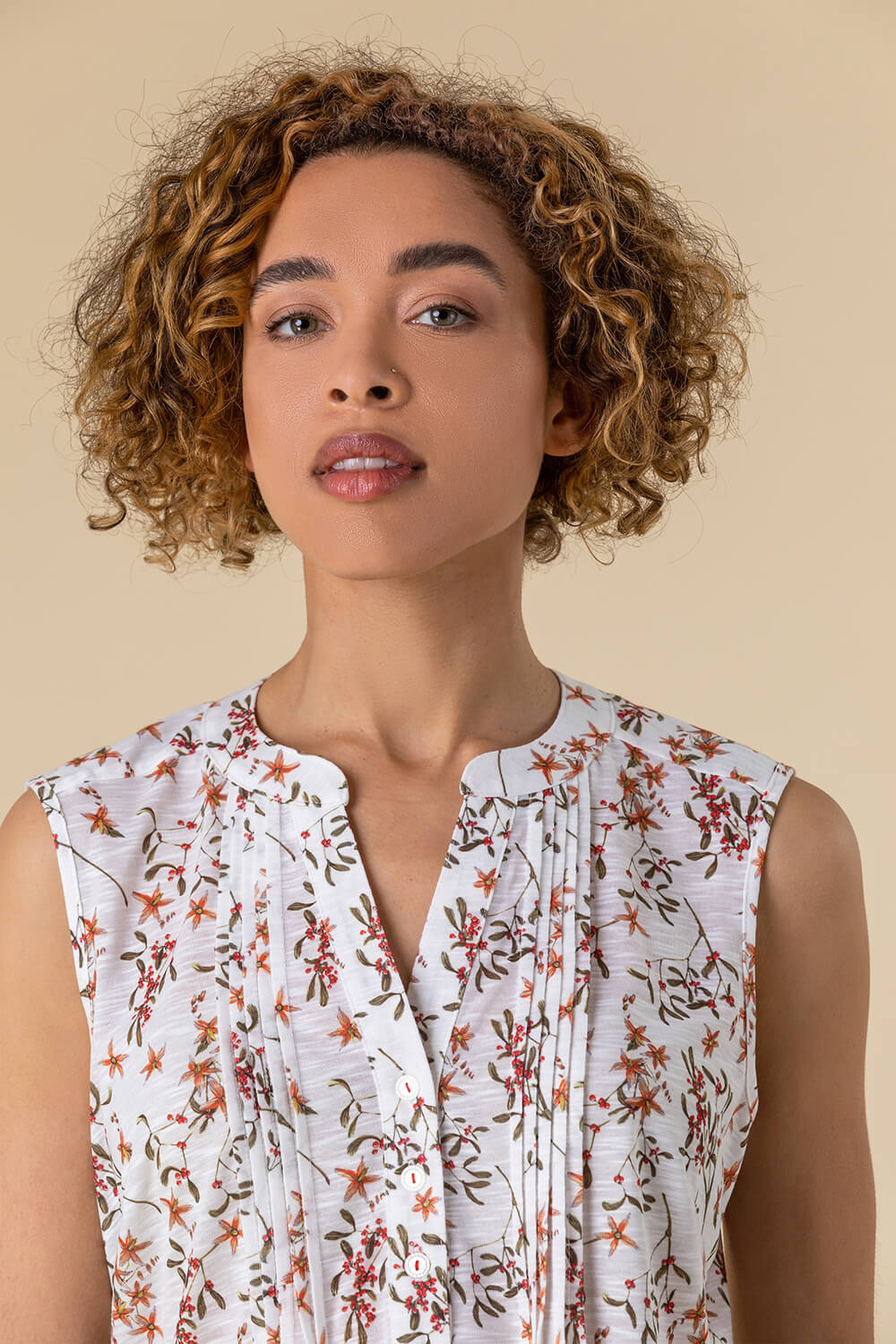 Ivory  Floral Print Pintuck Detail Top, Image 4 of 5