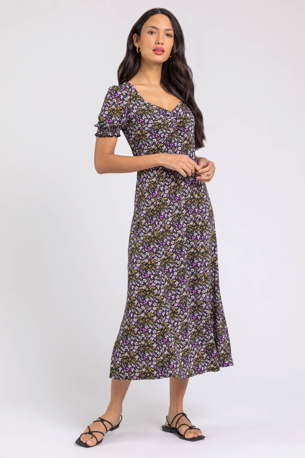 Ditsy Floral Ruched Midi Dress in Lilac - Roman Originals UK