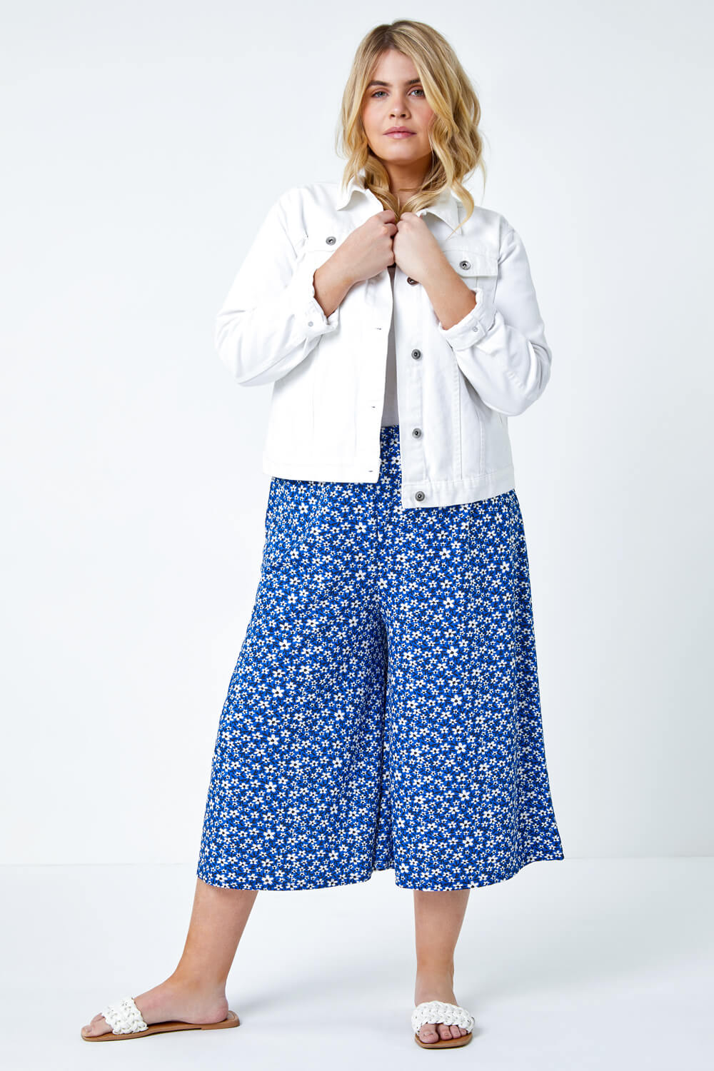 Blue Curve Floral Print Stretch Culottes, Image 2 of 5