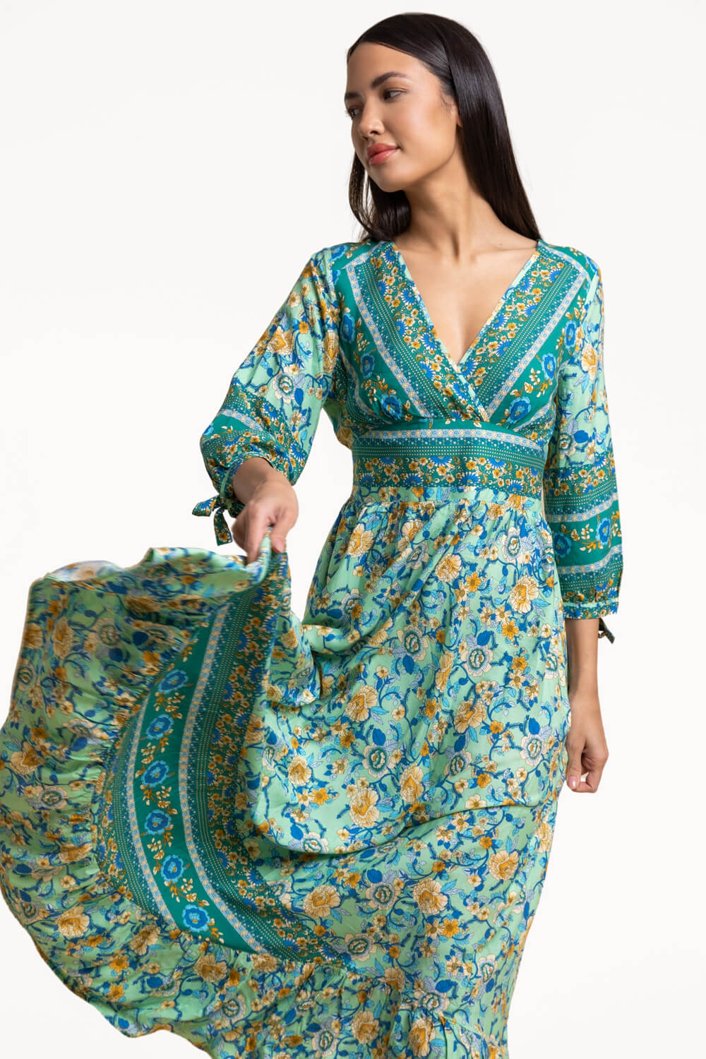 Pea Green Floral Border Print Wrap Maxi Dress, Image 3 of 4