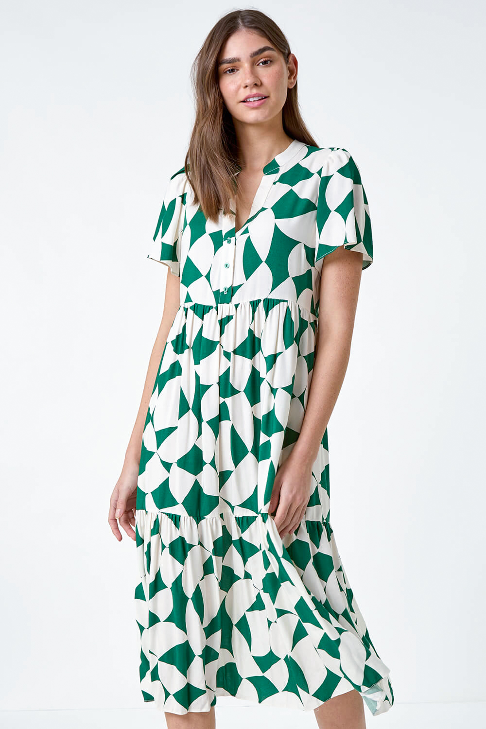 Green Geometric Print Tiered Midi Dress, Image 4 of 5