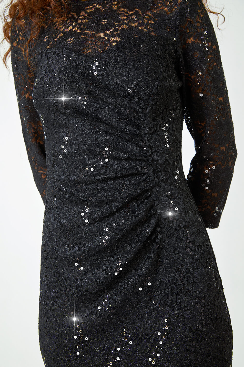 Black Sequin Lace Ruched Stretch Dress, Image 5 of 5