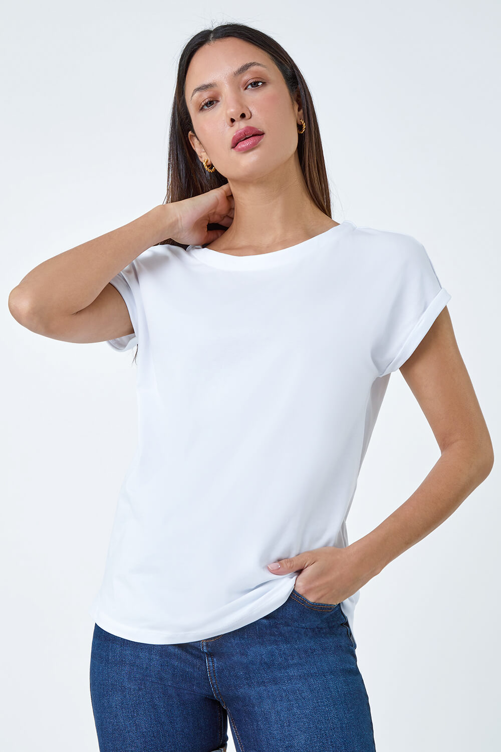 White Plain Stretch Cotton Jersey T-Shirt, Image 2 of 5