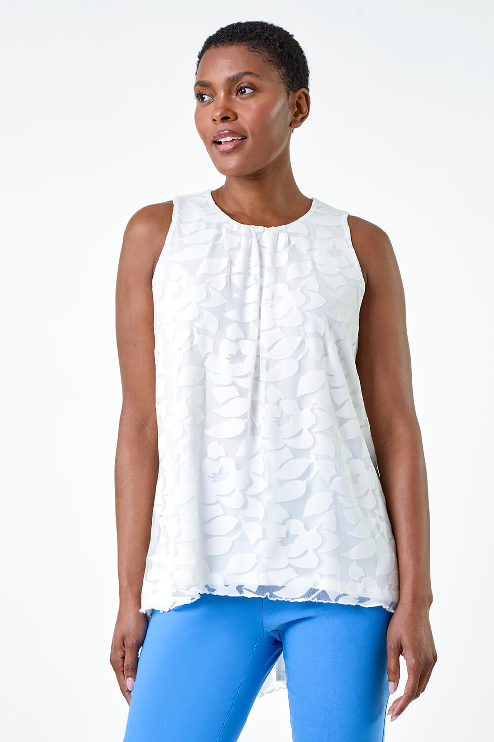 Ivory  Sleeveless Textured Floral Print Top, Image 4 of 5