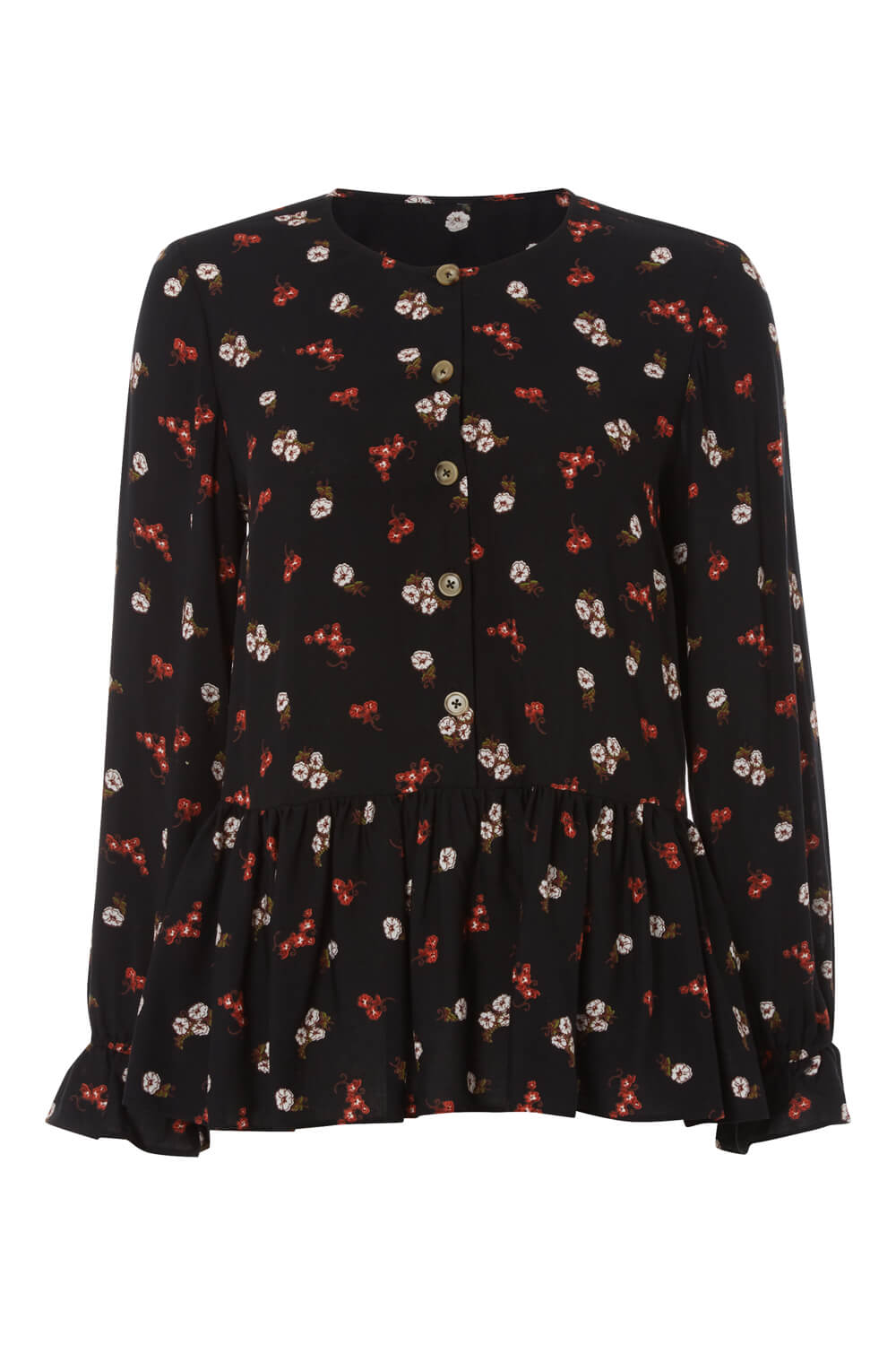 Red Floral Button Front Peplum Top, Image 4 of 4
