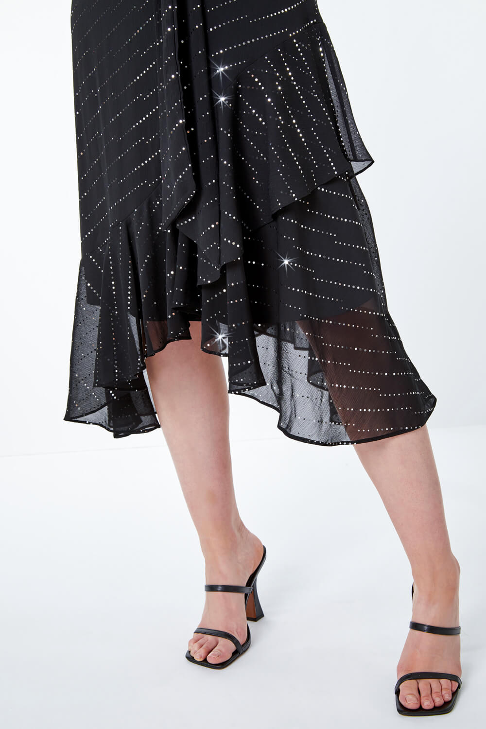 Black Sequin Frill Hem Midi Wrap Dress, Image 5 of 5
