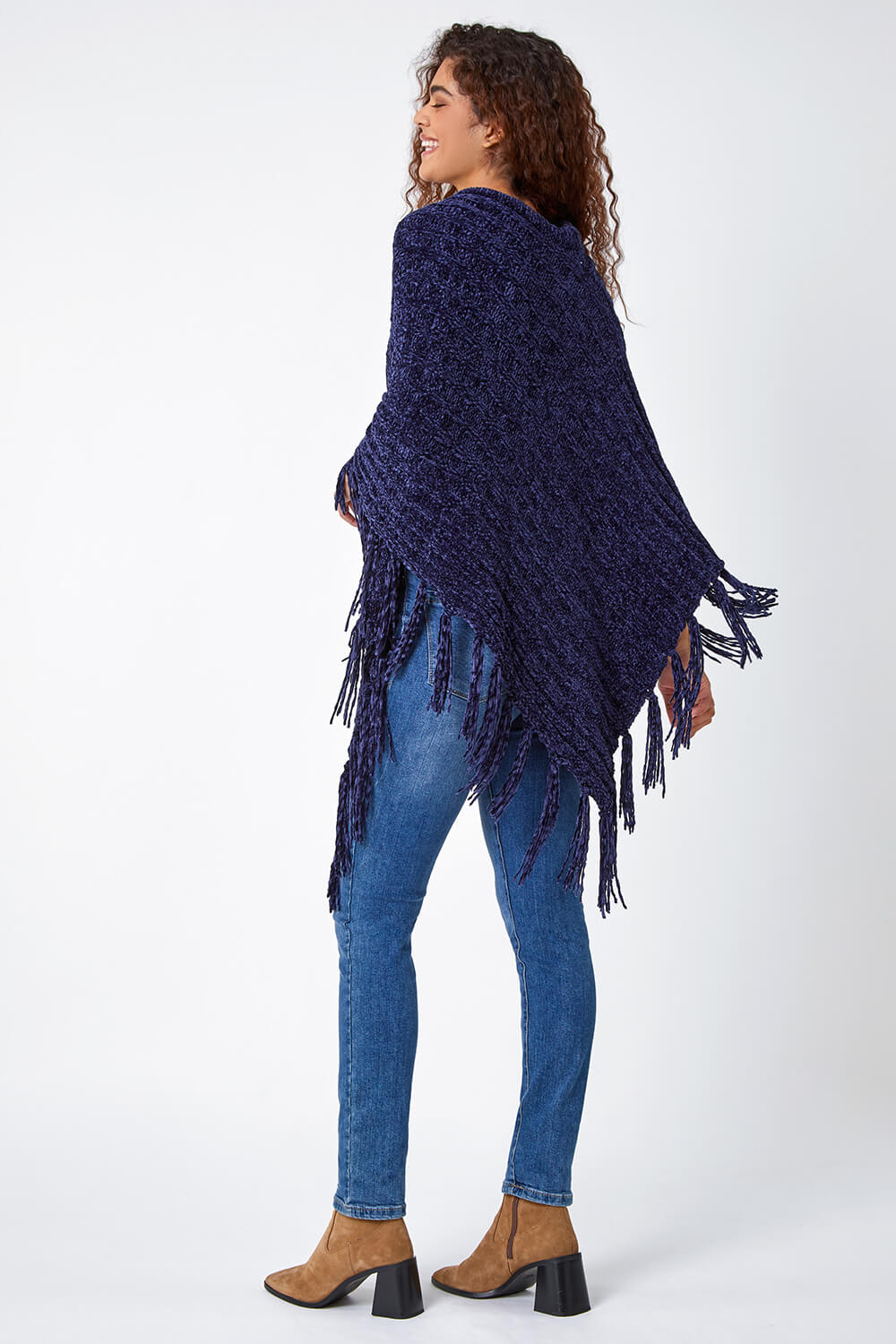 Midnight Blue One Size Chenille Tassel Trim Poncho, Image 3 of 5