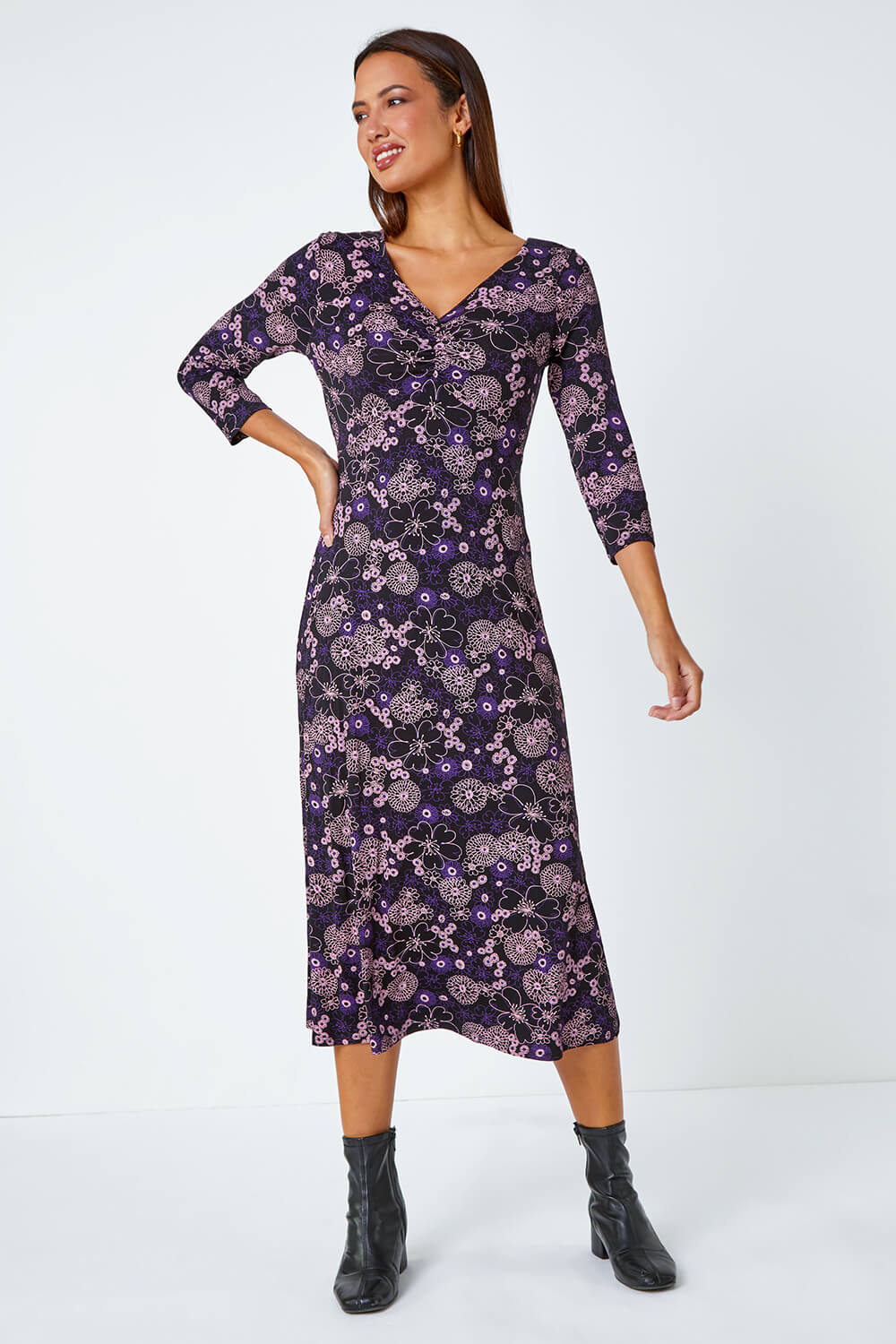 Purple Floral Print Ruched Midi Stretch Dress, Image 2 of 5